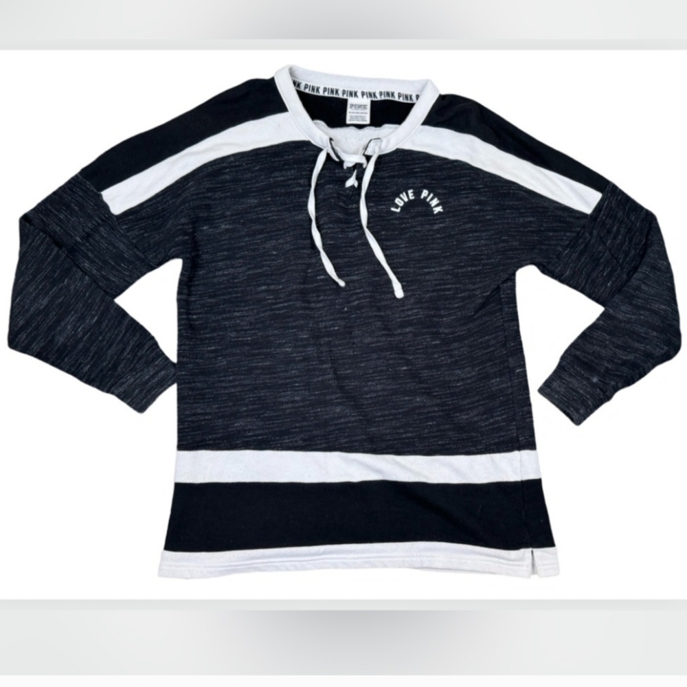 PINK Sweatshirt black and white with drawstring Size Medium - Picture 4 of 4
